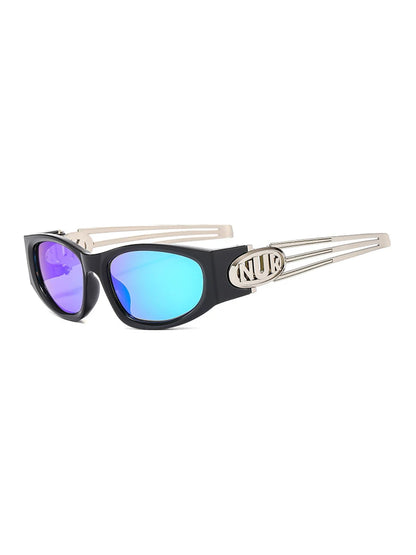 Lunettes de soleil Y2K à branches décoratives — coloris noir, bleu ; détails de la monture et des verres