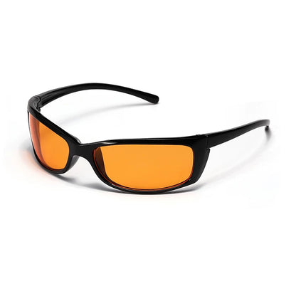 Lunettes carrées Y2K d’inspiration sportive — coloris noir, orange ; détails de la monture et des verres