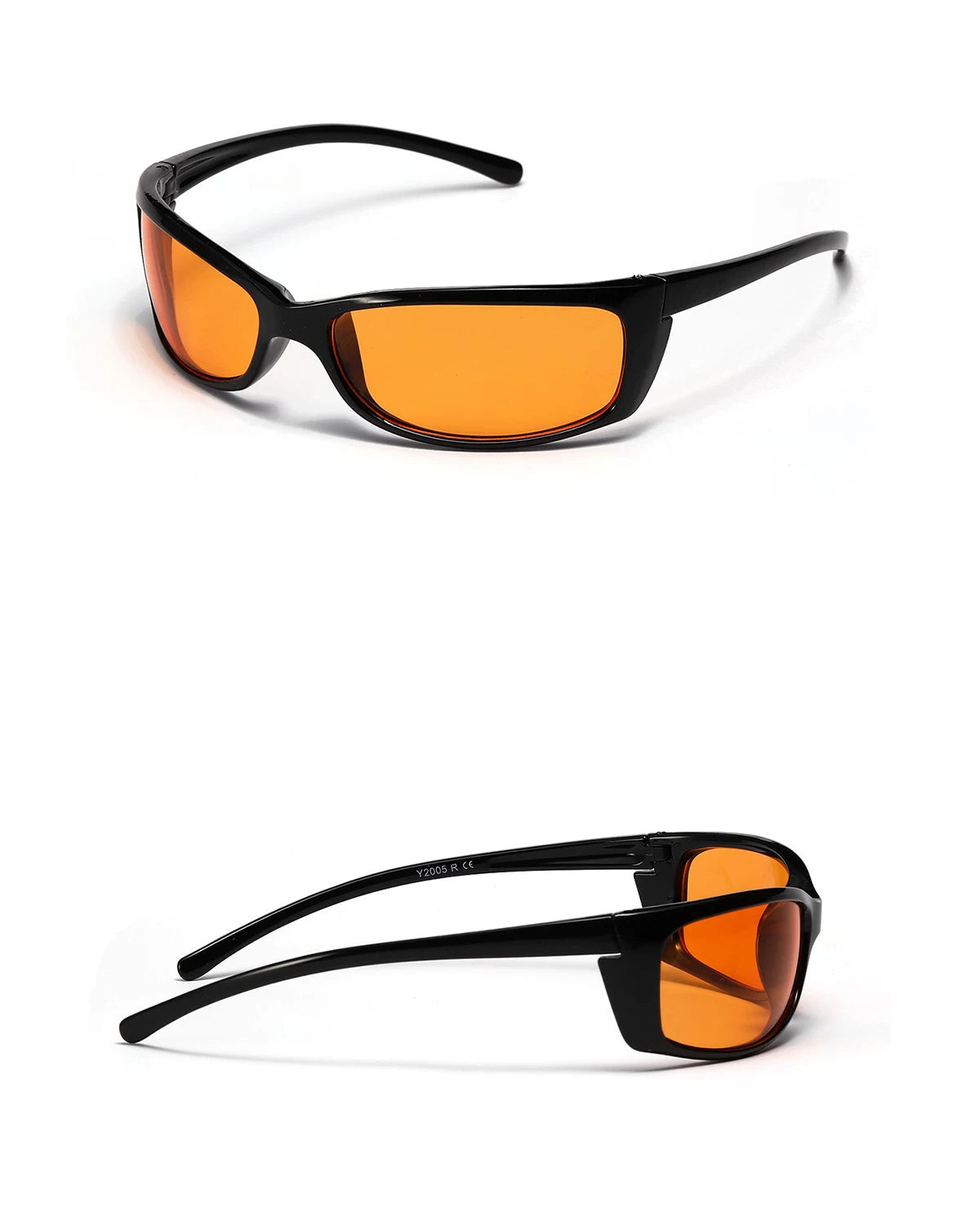 Lunettes carrées Y2K d’inspiration sportive — coloris noir, orange ; détails de la monture et des verres
