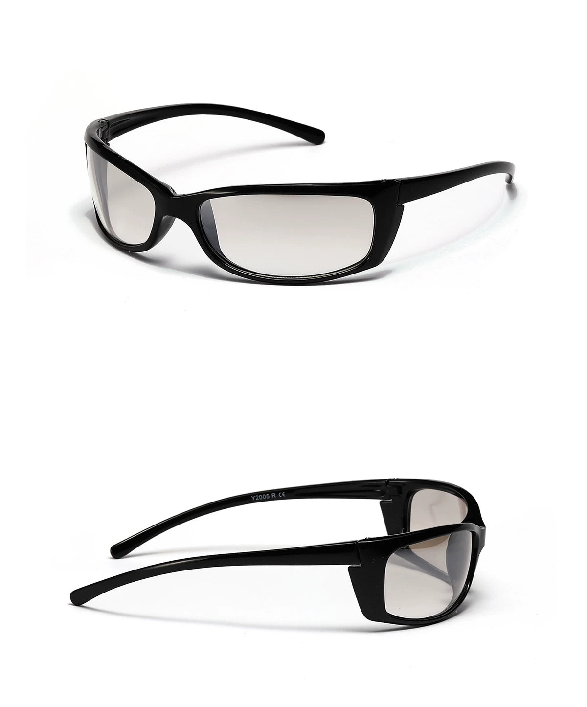 Lunettes carrées Y2K d’inspiration sportive — coloris noir, gris ; détails de la monture et des verres