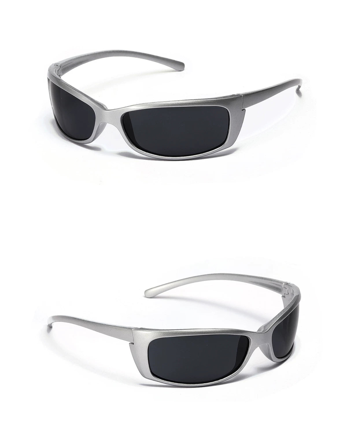 Lunettes carrées Y2K d’inspiration sportive — coloris argenté, noir ; détails de la monture et des verres