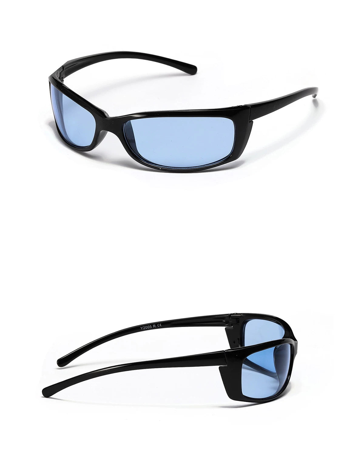 Lunettes carrées Y2K d’inspiration sportive — coloris noir, bleu clair ; détails de la monture et des verres